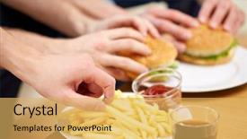  Presentation with junk food - Slides enhanced with fast food unhealthy eating people and junk-food - close up of male hands with french fries and hamburgers on table at home background and a yellow colored foreground