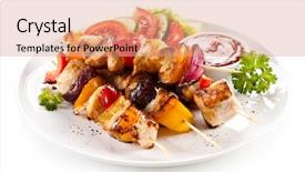  Presentation with meat food - Audience pleasing slides consisting of fast food white background - kebabs - grilled meat backdrop and a coral colored foreground