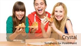  Presentation with pizza - Colorful slide set enhanced with fast food white background - three friends eating pizza backdrop and a coral colored foreground