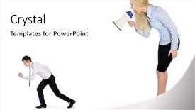  Presentation with 3d man business leader - Beautiful slide deck featuring fast furious - business woman screaming on megaphone backdrop and a white colored foreground