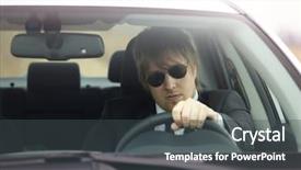  Presentation with sleepy yawning man driving car - Presentation theme consisting of storage - natural gas tank oil background and a light gray colored foreground.