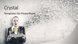 Presentation with hands holding - PPT theme featuring fast reading - young shocked woman holding tablet background and a light gray colored foreground