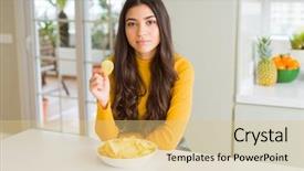  Presentation with corrugated potato chips - Slides enhanced with fast thinkig - young woman eating fastfood potato background and a lemonade colored foreground