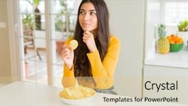  Presentation with potato chips - Slide deck enhanced with fast thinkig - young woman eating fastfood potato background and a lemonade colored foreground