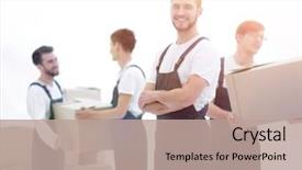  Presentation with team leader - PPT theme with faster - team of responsible movers background and a coral colored foreground