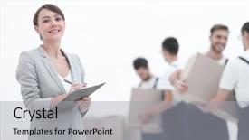  Presentation with hr manager - Slide set enhanced with faster - woman manager holding clipboard background and a light gray colored foreground