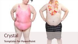  Presentation with tropical flowers - Slide set consisting of fat boy - obese couple in swimsuit background and a lemonade colored foreground