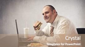  Presentation with junk food - Audience pleasing slide deck consisting of fat businessman at the office backdrop and a coral colored foreground