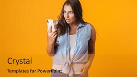  Presentation with blue and yellow phone - Amazing PPT layouts having fat cells - confused young overweight woman standing backdrop and a gold colored foreground