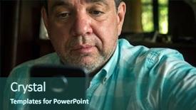  Presentation with bad news - PPT layouts with fat cells - shocked adult man uses smartphone background and a ocean colored foreground