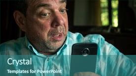  Presentation with bad news - Colorful slide deck enhanced with fat cells - shocked adult man uses smartphone backdrop and a ocean colored foreground