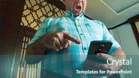  Presentation with bad news - Theme having fat cells - shocked adult man uses smartphone background and a ocean colored foreground