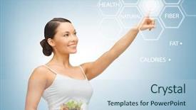  Presentation with salad - Presentation theme enhanced with fat cells - woman holding salad and working background and a light blue colored foreground