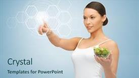  Presentation with touch screen virtual reality - Presentation design enhanced with fat cells - woman holding salad and working background and a light blue colored foreground