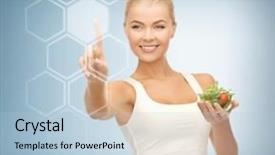  Presentation with salad - Cool new slide set with fat cells - woman holding salad and working backdrop and a light blue colored foreground