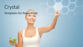 Presentation with salad - PPT theme featuring fat cells - woman holding salad and working background and a light blue colored foreground