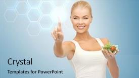  Presentation with touch screen virtual reality - PPT theme featuring fat cells - woman holding salad and working background and a light blue colored foreground