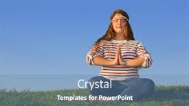  Presentation with big fat belly girl - Colorful presentation theme enhanced with fat girl in jeans sits at green grass and meditates at background of blue sky backdrop and a teal colored foreground