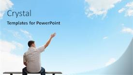  Presentation with man sitting bench - PPT layouts with fat man sitting on bench with his back and pointing away background and a light blue colored foreground