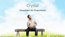  Presentation with man sitting bench - Colorful PPT theme enhanced with fat man sitting on bench with book and looking away backdrop and a sky blue colored foreground