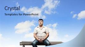  Presentation with 3d man sitting question mark - Beautiful theme featuring fat man sitting on bench backdrop and a light blue colored foreground