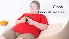  Presentation with fast food - Amazing PPT theme having lazy overweight male sitting with fast food on couch and watching television backdrop and a sky blue colored foreground