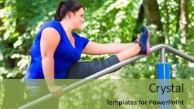  Presentation with obese - Audience pleasing presentation theme consisting of obese woman doing sport stretching outdoors in park in summer backdrop and a yellow colored foreground