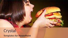  Presentation with hamburger - Beautiful presentation theme featuring junk food healthy - overweight hungry woman eating hamburger backdrop and a coral colored foreground