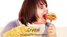  Presentation with hamburger - Beautiful PPT theme featuring fatty food - overweight woman eating hamburger isolated backdrop and a yellow colored foreground