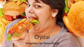  Presentation with woman stuck in ladder - Colorful presentation theme enhanced with obesity fast food - overweight woman holding hamburger backdrop and a coral colored foreground