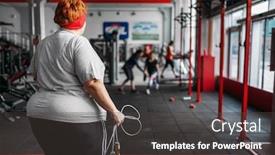  Presentation with fat - Presentation theme with fat sweaty woman fit training with rope in gym background and a dark gray colored foreground