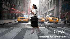  Presentation with city street - Presentation theme enhanced with fat woman crossing a city background and a gray colored foreground