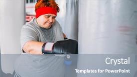  Presentation with sportswoman boxing woman - Slides with gloves works with punching bag background and a gray colored foreground