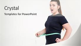  Presentation with fat - Presentation with fat woman measuring her waist background and a white colored foreground