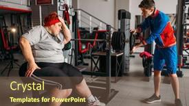  Presentation with barbell - Colorful presentation theme enhanced with fat woman using barbell training with instructor backdrop and a tawny brown colored foreground