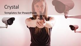  Presentation with cctv camera - Slide set with fatale pointing gun at camera background and a coral colored foreground