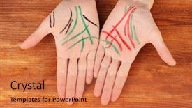  Presentation with palm - Theme enhanced with fate - chiromancy color contours on palm background and a coral colored foreground