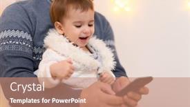  Presentation with play - PPT theme with father-and-baby-use-smartphone background and a coral colored foreground