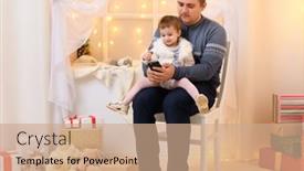  Presentation with play - Slide deck with father-and-baby-use-smartphone background and a coral colored foreground