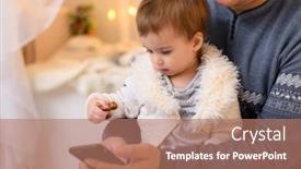  Presentation with play - Amazing PPT layouts having father-and-baby-use-smartphone backdrop and a coral colored foreground
