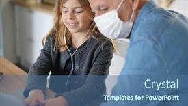  Presentation with home schooling - Amazing slide deck having father-and-child-at-home backdrop and a ocean colored foreground