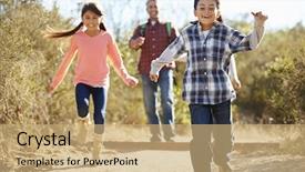  Presentation with father teaching children - Presentation theme with father and children hiking in countryside wearing backpacks background and a coral colored foreground