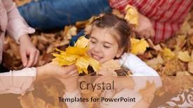  Presentation with bright yellow - Cool new PPT theme with father and daughter are lying on yellow leaves and having fun in autumn city park they posing smiling playing bright yellow trees backdrop and a coral colored foreground