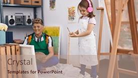  Presentation with music studio - Presentation theme having father-and-daughter-artists-listening background and a coral colored foreground