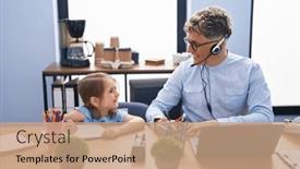  Presentation with call center - PPT theme enhanced with father-and-daughter-call-center background and a coral colored foreground