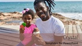  Presentation with ice cream - Presentation theme having father-and-daughter-eating-ice background and a coral colored foreground