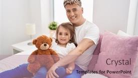  Presentation with teddy bear - Presentation theme having father-and-daughter-father background and a coral colored foreground