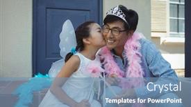  Presentation with fairy - PPT theme featuring father and daughter in fairy costume at home background and a teal colored foreground