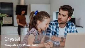  Presentation with family talking - PPT theme featuring father-and-daughter-in-modern background and a coral colored foreground