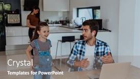  Presentation with family talking - Presentation featuring father-and-daughter-in-modern background and a gray colored foreground